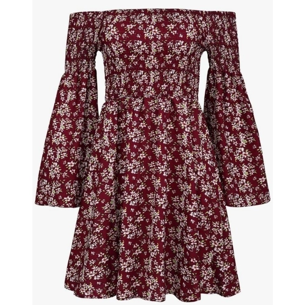 Boho Red Floral Off Shoulder Mini Dress LARGE Bell Sleeve Hippie Casual Western